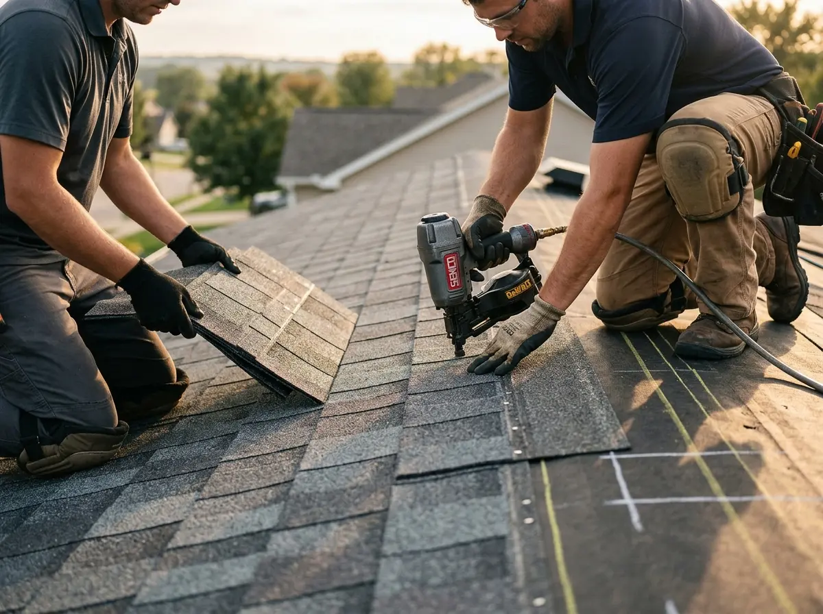 Professional roofer working on a residential roof in Frankenmuth